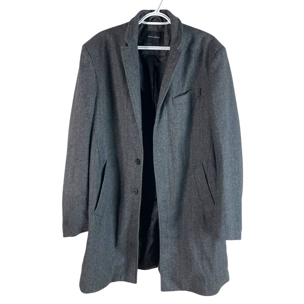 Banana Republic Wool Blend Trench Coat Mens L Gray Herringbone
